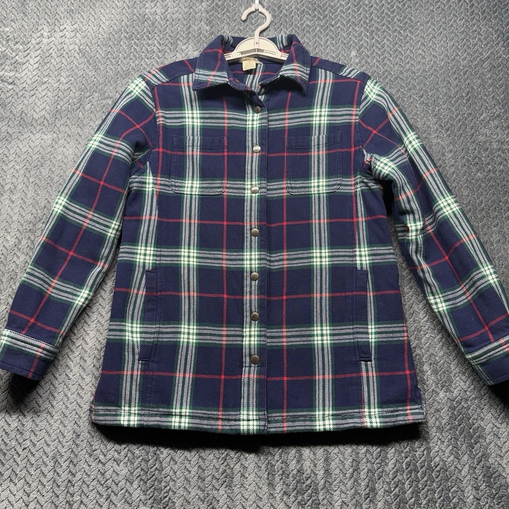 Duluth Trading Co Flapjack Flannel Shirt Jac Small Blue Green Plaid Quilted Cozy